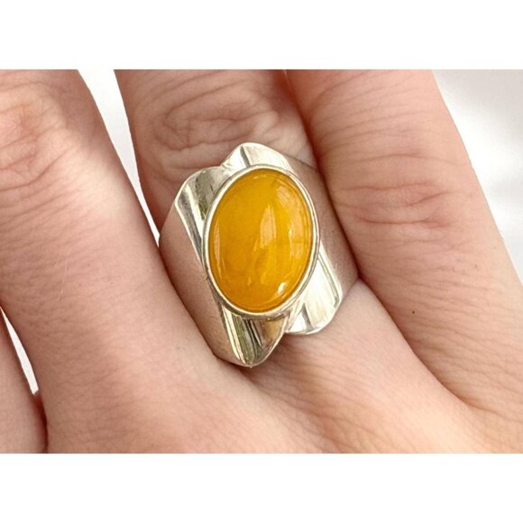 Butterscotch Natural Amber Modernist  XL 925 Sterling Silver Vintage Ring - sz 7 - Picture 1 of 11